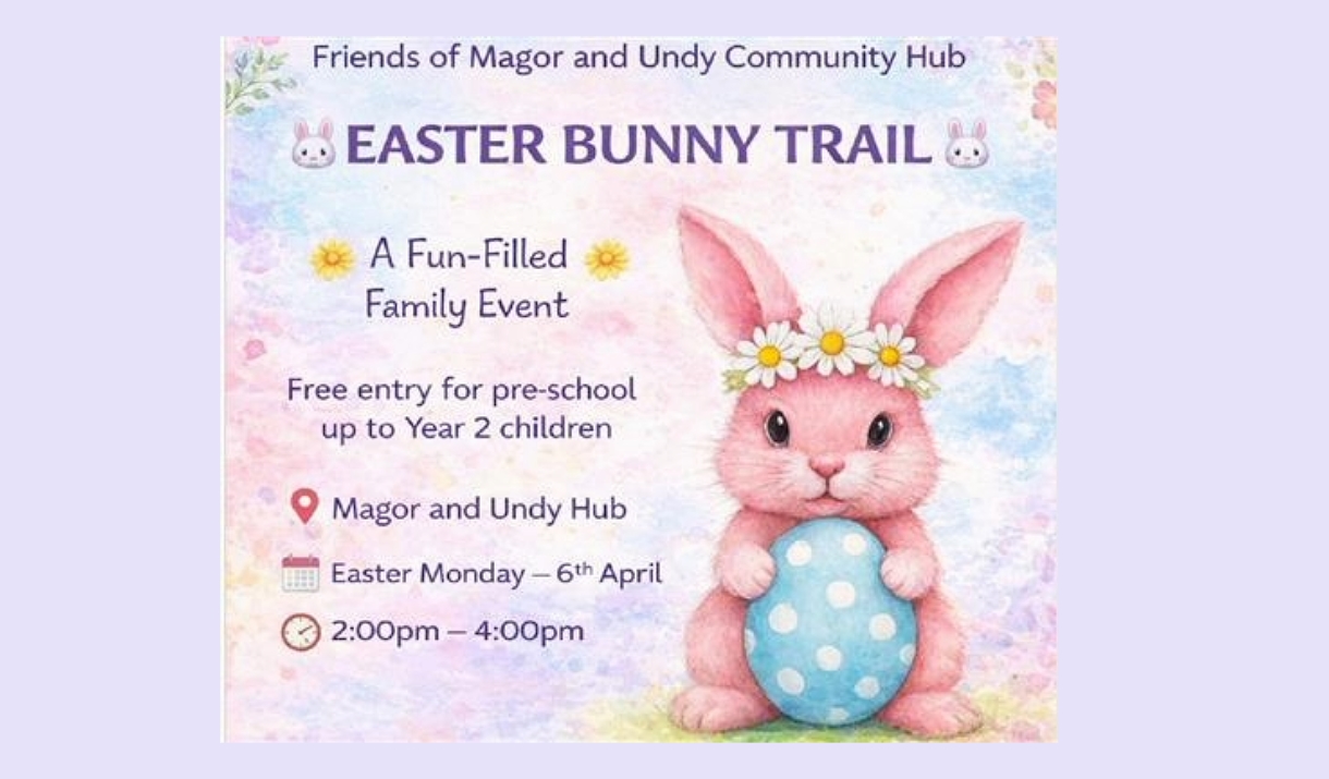 Easter Bunny Trail poster with cute pink bunny rabbit  - friends of magor and undy community hub, a fun filled family event