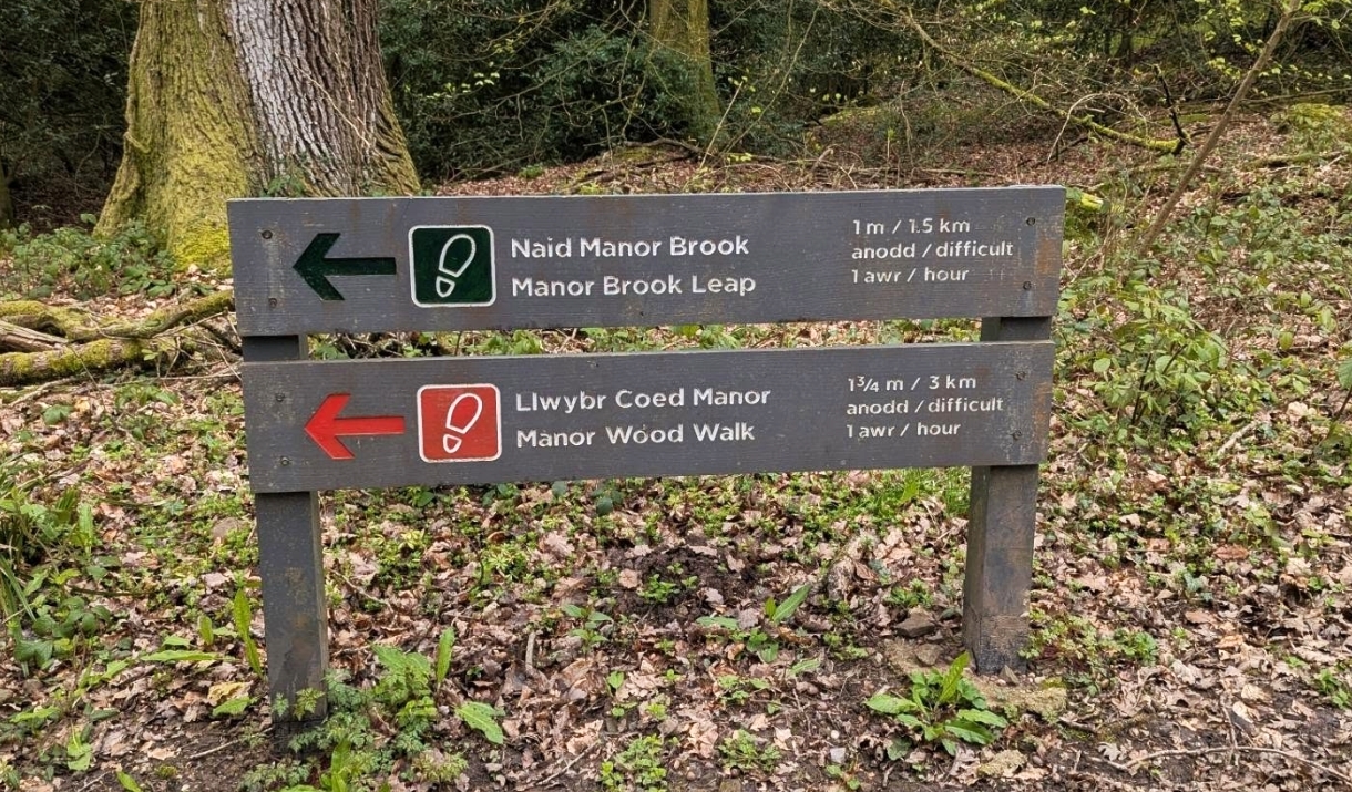 Natural Resources Wales sign post pointing to trails, Manor Brook Leap and Manor Wood Walk