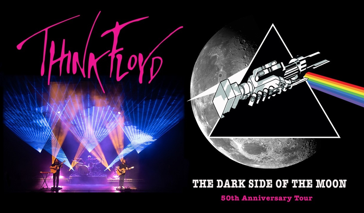 Think Floyd logo and band playing below. To the right is the album cover of Pink Floyd's Dark Side Of The Moon