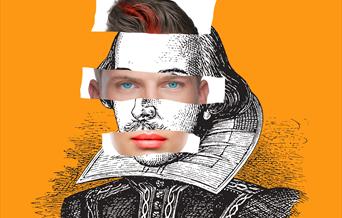 Edited image of Shakespeare drawn image, in front of an orange background