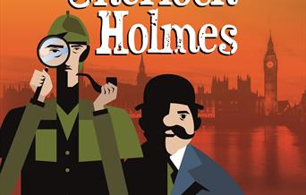 Cartoon of Sherlock and Watson, with London behind them