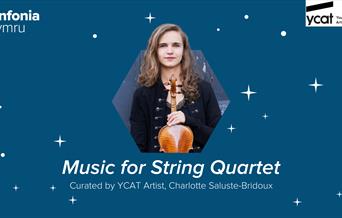 A headshot of violinist Charlotte Saluste-Bridoux on a dark blue background with shimmering stars.