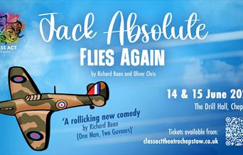 A spitfire on a blue sky background with white text