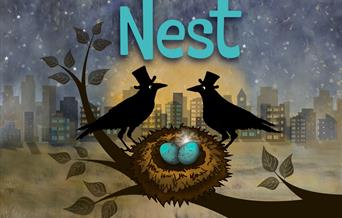 Two birds with top hats above a nest with two eggs on a branch - behind is a city.