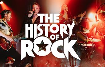 Musicians playing guitar, drums and singing, white text reading The History of Rock