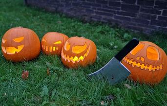 Carved pumpkins on grass