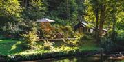 Picture of cottage and outdoor seating from across the river. Sunlight seen between trees.