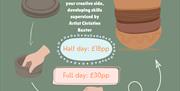 Promotional poster for Raglan Clay Club on a sage green background. The poster shows illustrated stages of clay pottery making, including hands rollin