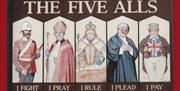The Five Alls Inn, image of 5 men  - one says: i fight for all, i pray for all, i rule for all, i plead for all, i pay for all