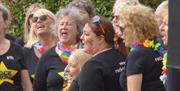 people sing at caldicot castle pride event with rainbow accessories