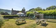 The Anchor Inn beer garden showing views of tintern abbey