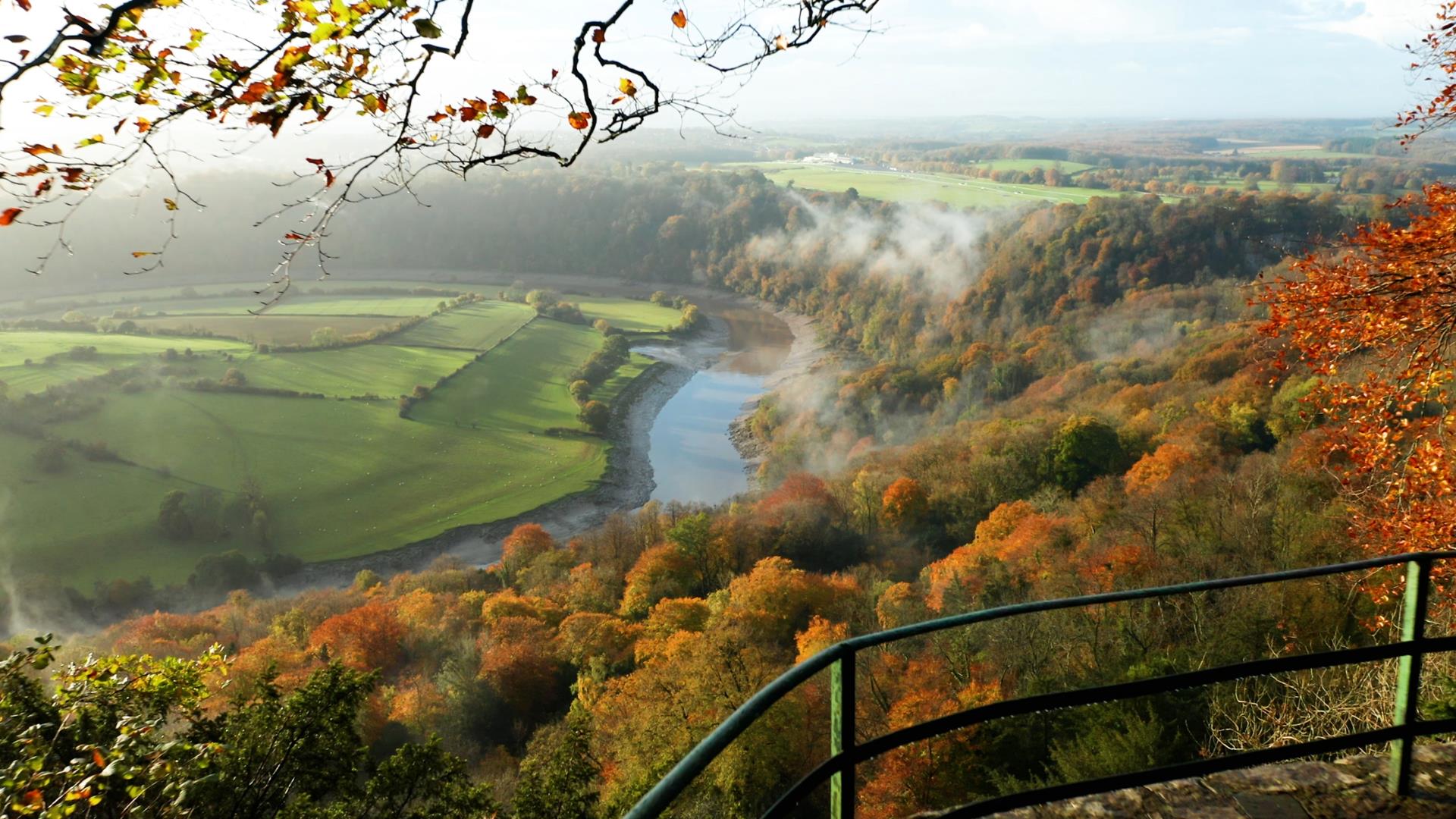 stunning landscape in monmouthshire with leaves autumn colours and river wye below