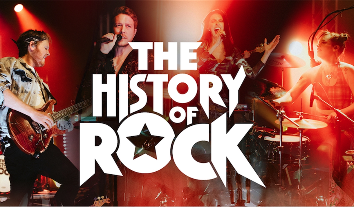 Musicians playing guitar, drums and singing, white text reading The History of Rock