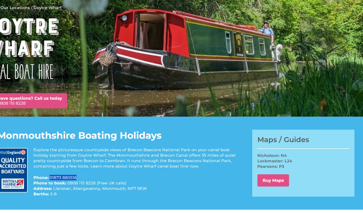 website screen shot showing cana boat and wording Goytra Wharf canal boat hire - Monmouthshire boating holidays website screen shot showing cana boat and wording Goytra Wharf canal boat hire - Monmouthshire boating holidays