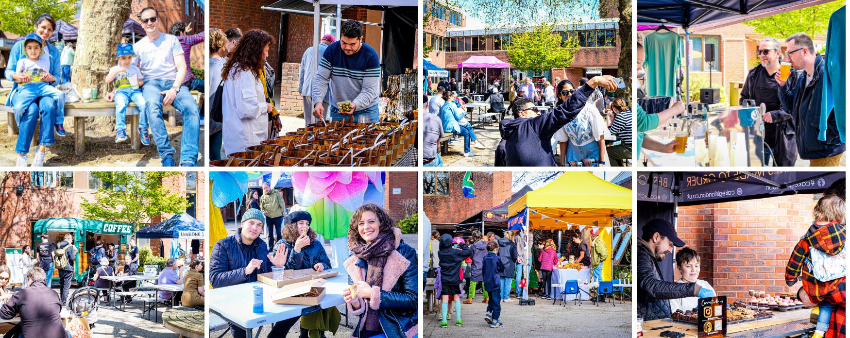 A picture of local residents enjoying local food at East Sheen Market