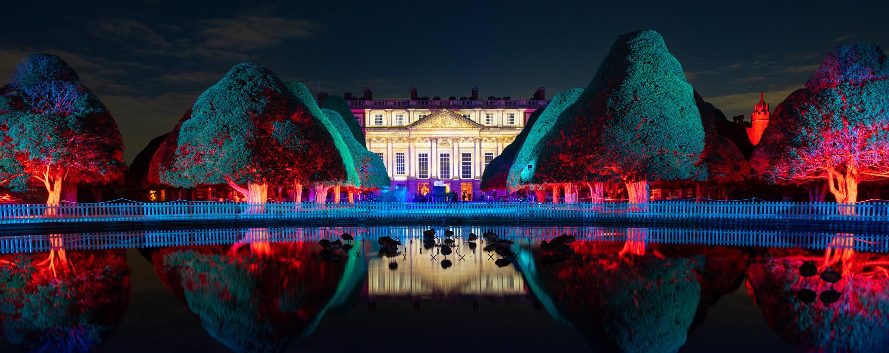 An image of Hampton Court Palace dressed in Christmas lights for their famous Christmas Light Event: Palace of Lights