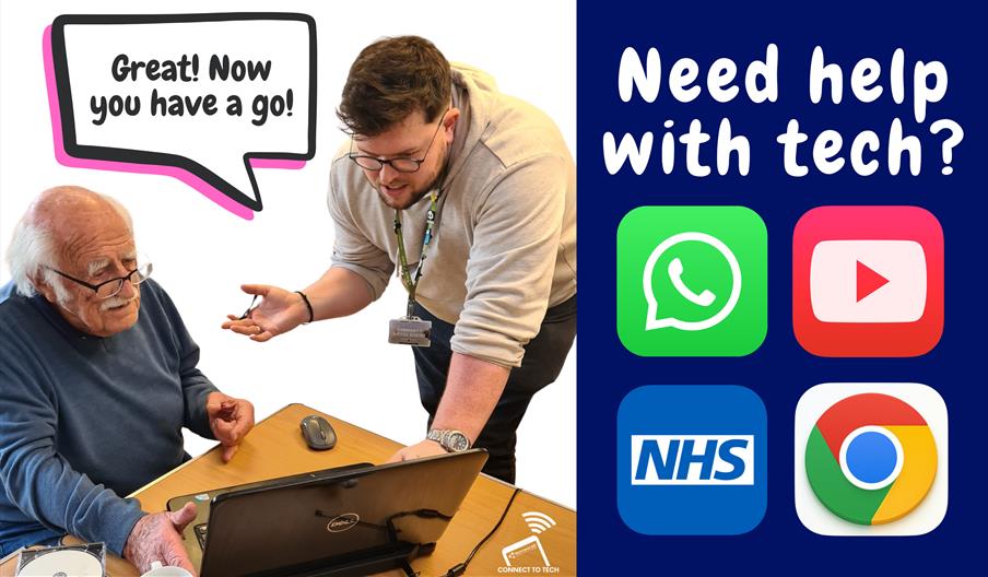 Picture in 2 halves. On left a standing digital trainer supports an older gentleman with glasses who is using a laptop. A speech bubble above them say