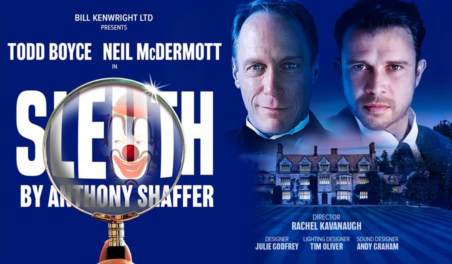 Sleuth artwork featuring a dark blue background with the faces of the two actors, a house, and a magnifying glass which highlights a clown face on the