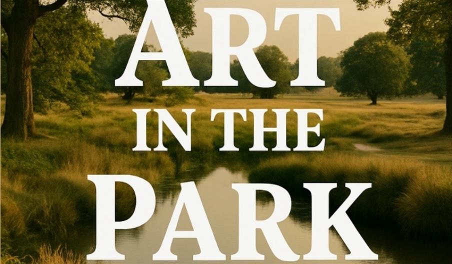 Poster reading 'Art in the Park' with a background photo of Richmond Park showing grass, a lake, and trees