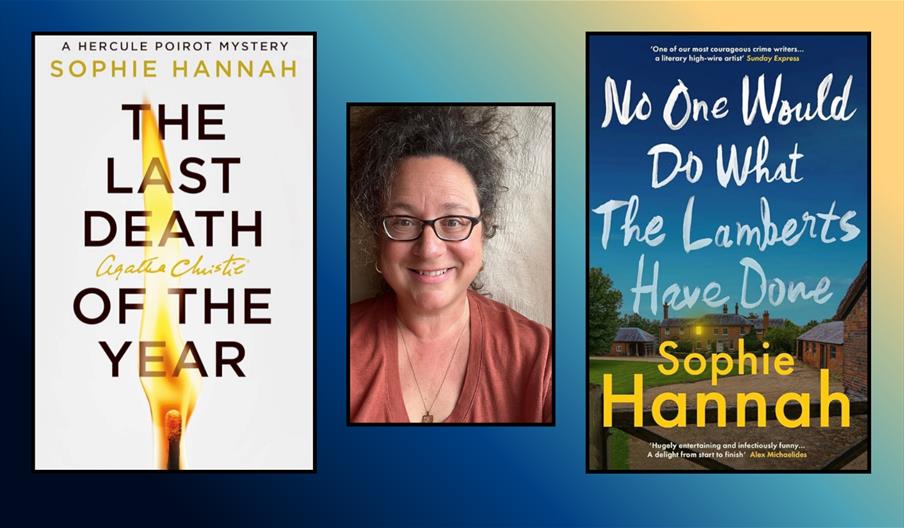"A photo of author Sophie Hannah is centered on a gradient background transitioning from blue on the left to yellow on the right, flanked by her book