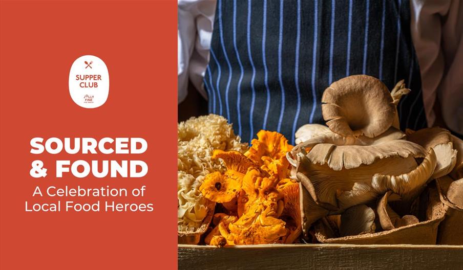 Person holding a wooden crate with assorted mushrooms, including chanterelles and oyster mushrooms, next to a text promoting local food celebration by