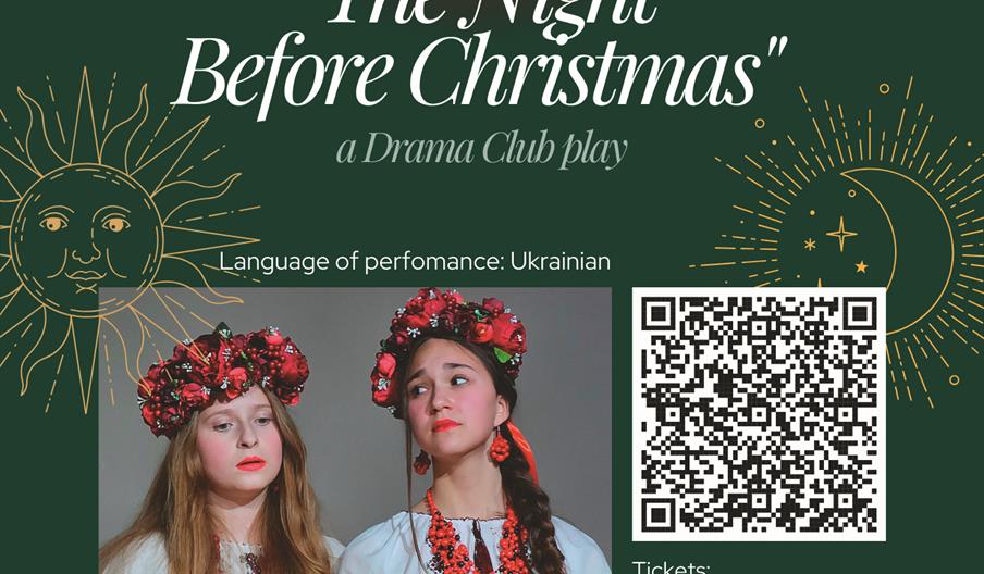 Two actresses-teenagers in Ukrainian folk costumes are on stage, playing