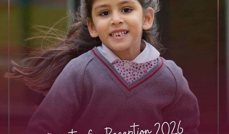 Poster advertising an Open Day at The Mall School, which shows a schoolgirl in uniform running towards the camera, with a smile on her face