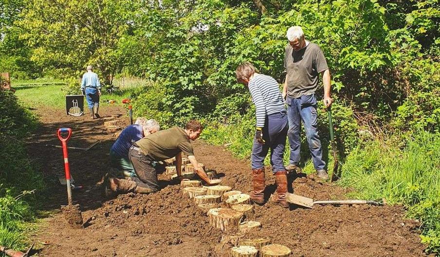 Volunteers building steps on the common out of Robinia wood