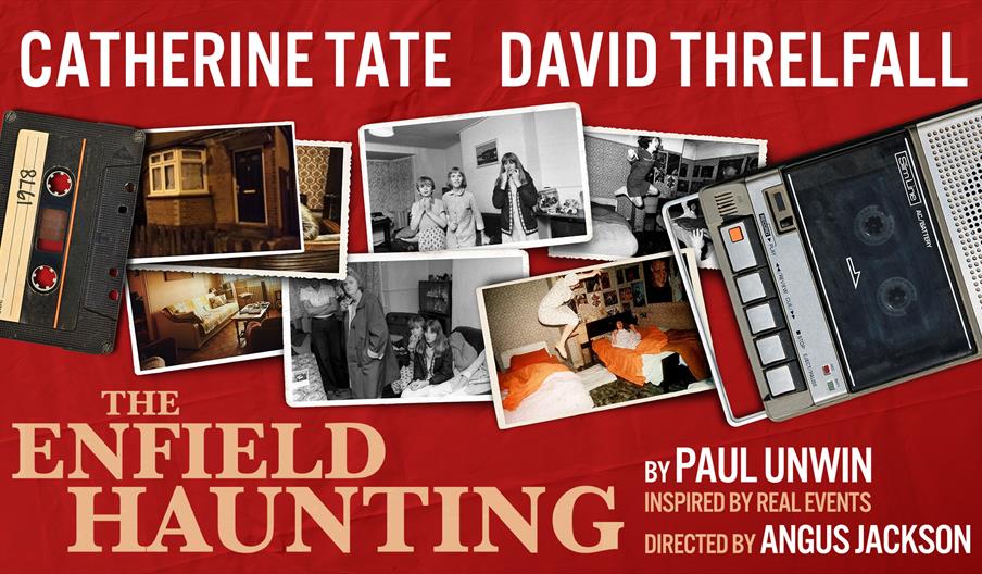 Poster for The Enfield Haunting. A mixture of film photographs in black and white or colour are scattered on a red background. On the left is a casset