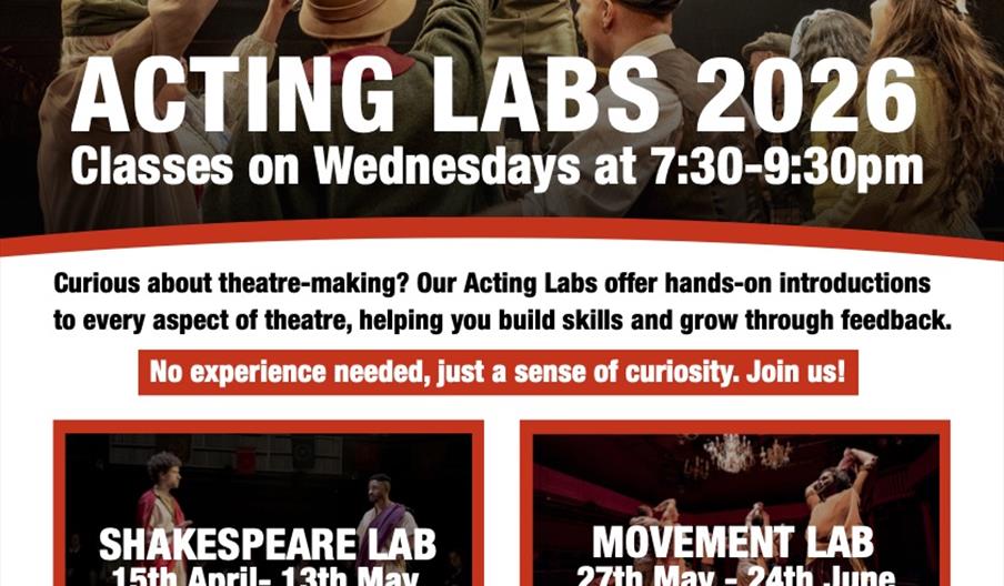 Poster with people playing guitar and smiling on stage with four blocks of text detailing upcoming labs at the Orange Tree: Shakespeare, Movement, Wri