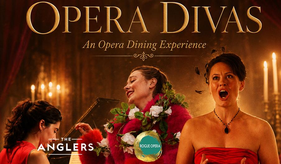 pianist and two singers in red dresses on candlelit background advertising the Opera Divas Dining Experience