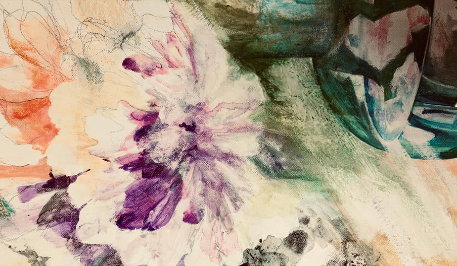 Close-up painting of a floral arrangement, primarily in purple