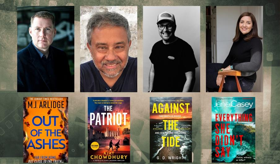 Promotional image featuring four author headshots above the covers of four crime and thriller novels. The authors and books are arranged in matching c