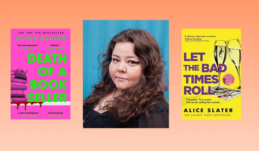 Promotional image featuring a portrait photograph between the covers of two novels by Alice Slater: Death of a Bookseller and Let the Bad Times Roll.