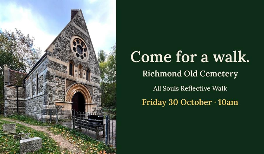 A Victorian stone chapel with a round window and arched doorway in Richmond Old Cemetery, surrounded by autumn trees and fallen leaves. Beside it, on
