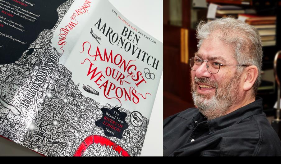 Left image is the book cover of Amongst Our Weapons, the right image is of the author Ben Aaronovitch.