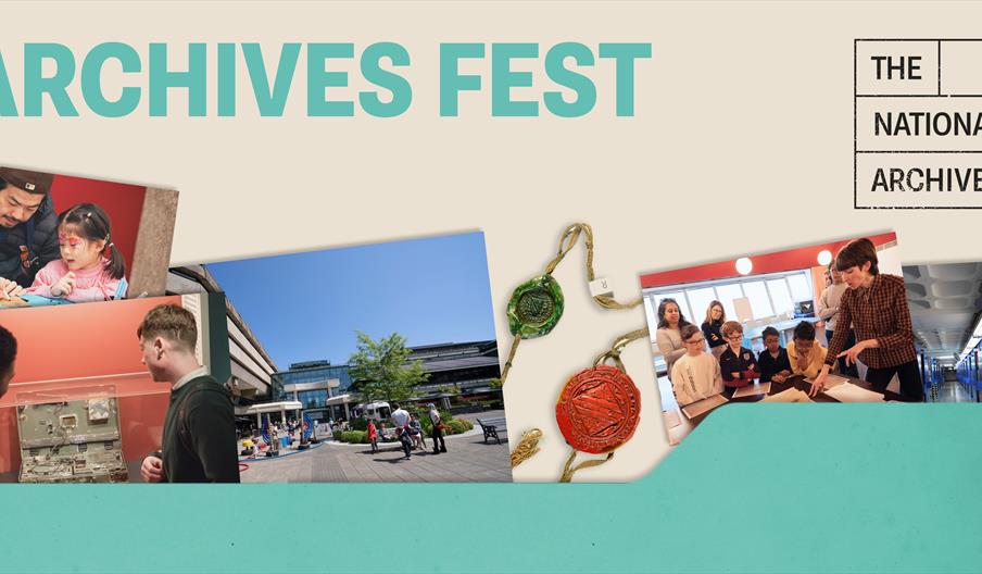 Collage of images from The National Archives on a white background with the title 'Archives Fest' in the top left-hand corner. The images include a fa