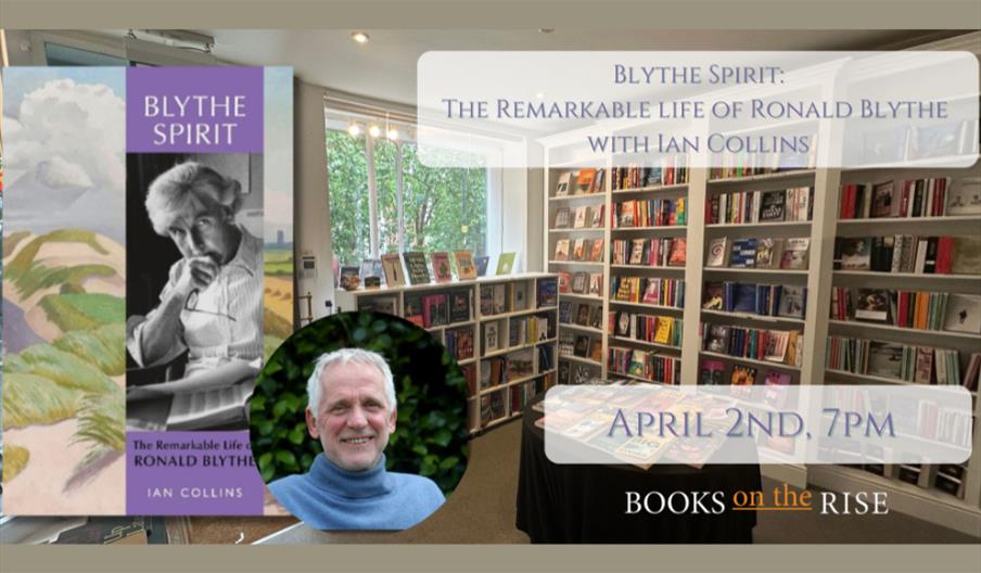 Picture of the book cover for Blythe Spirit that has a black and white image of nature writer Ronald Blythe on it's cover. Next to the cover is the pi