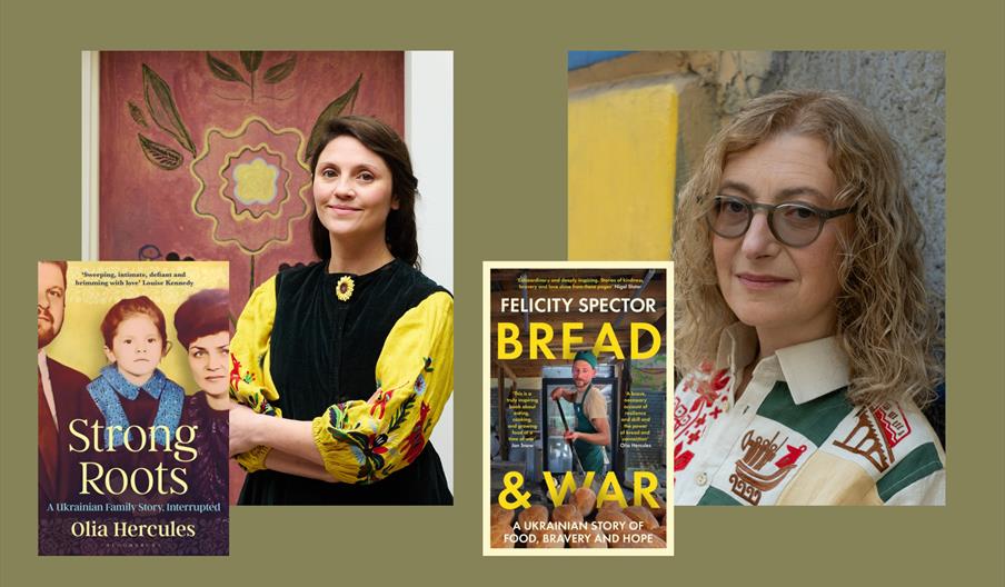 Picture of author and chef Olia Hercules and the book cover for Strong Roots. A picture of author and journalist Felicity Spector and the book cover f