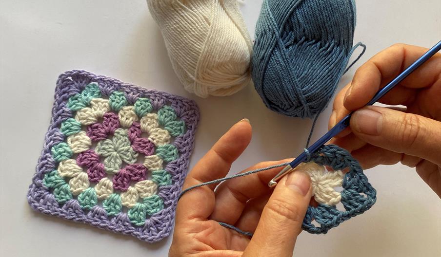 Granny squares being crocheted