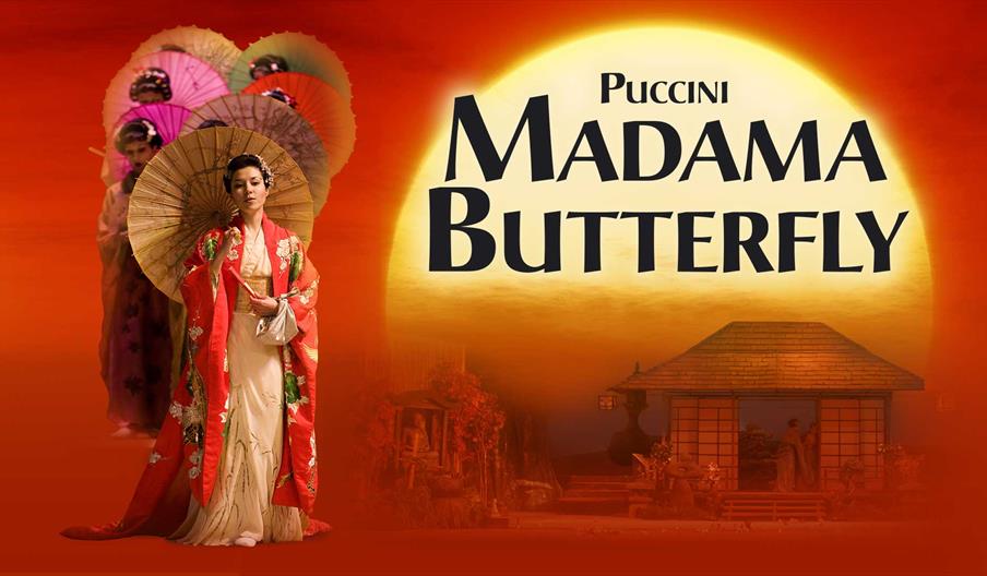 Poster for Ellen Kent's production of Puccini's Madama Butterfly. Behind the title a sun is setting against a red background, and below is a tradition