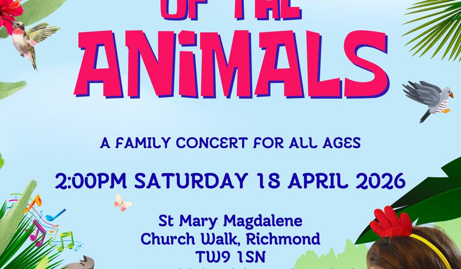 Violinist dressed up as a chicken advertising the carnival of the animals family concert