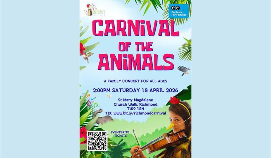 Violinist dressed up as a chicken advertising the carnival of the animals family concert