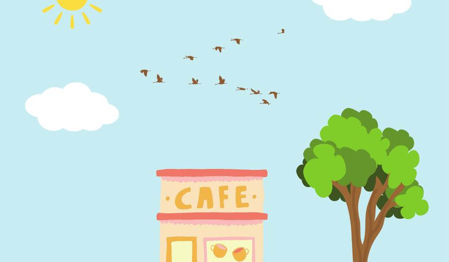 An image of a colourful café, a green tree,  yellow flowers and a bush, as well a sun, two clouds and a flock of birds, all on a blue background.