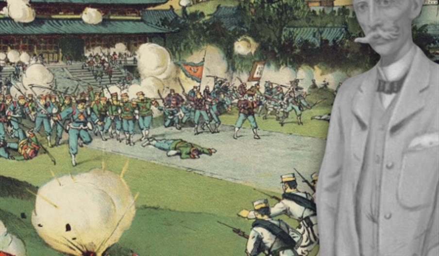 Picture man holding a hat and scene from battle filed with soldiers