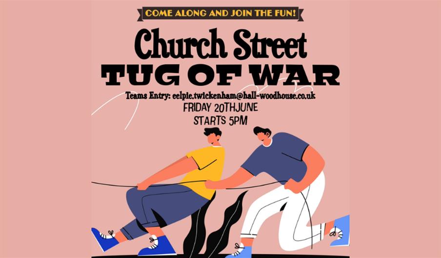 cartoon images of people tug-of-war church street event