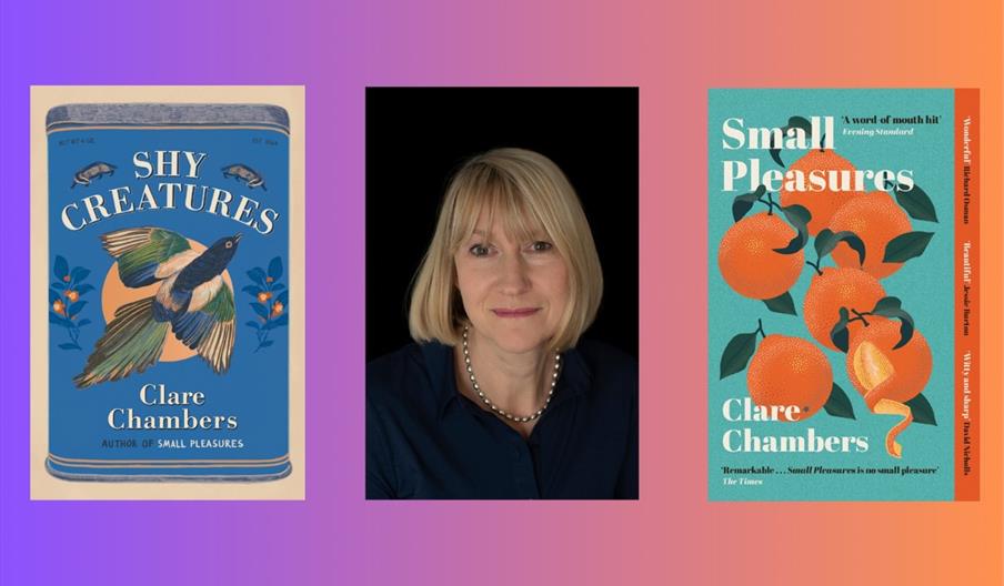 A photograph of author Clare Chambers and her book covers for Small Pleasures and Shy Creatures