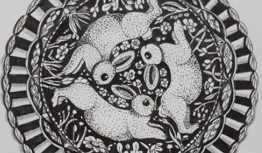 A circular sketch (Mandala) of some rabbits surrounded by intricate nature-related detailing