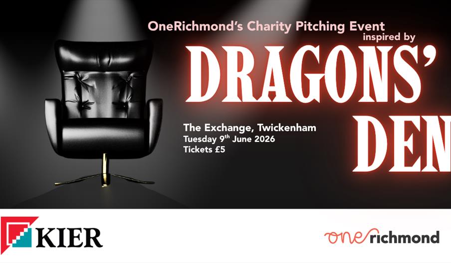 Banner for OneRichmond's Dragons' Den-Inspired event, with a black chair in a spotlight and words reading: OneRichmond's Dragons' Den-Inspired Event,