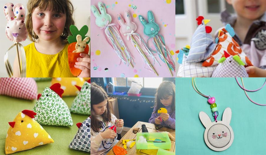 children sewing cute bunnies and chicks for easter